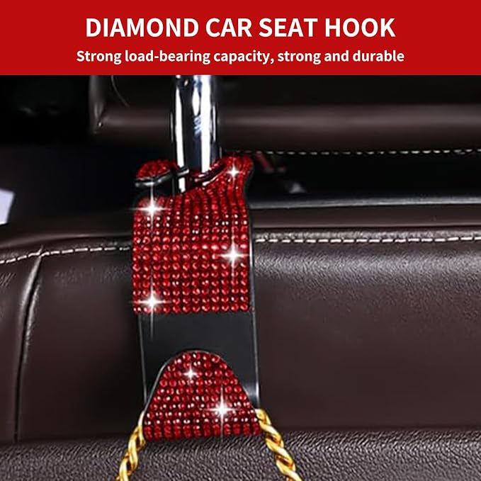 4PCS Bling Car Seat Headrest Hooks, Vehicle Back Seat Purse Handbag Hanging Holder with Crystal Rhinestone, Diamond Storage Organizer Hook,Bling Car Accessories for Women (Red) - Image 5