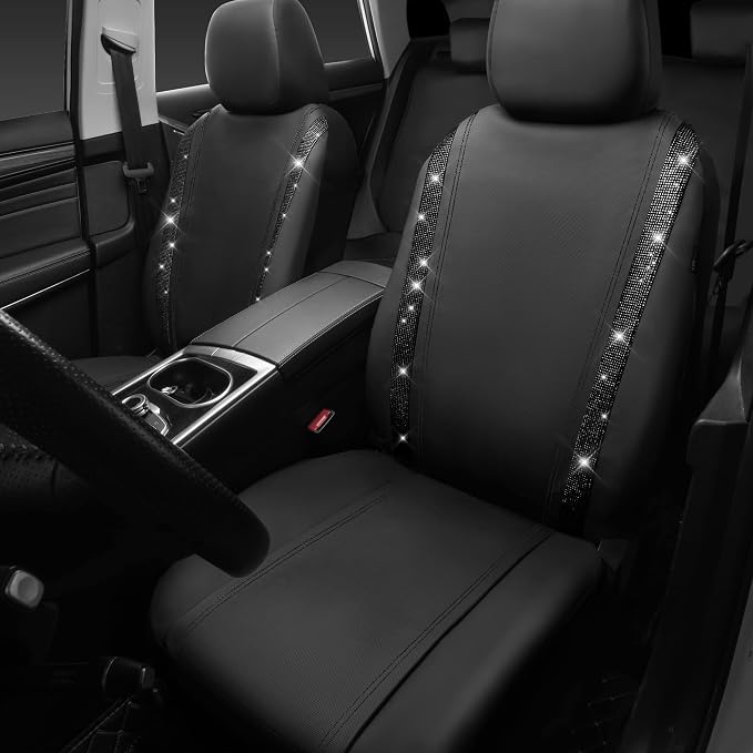 CAR PASS Leather Bling Diamond Car Seat Covers 2 Front Interior Sets, Waterproof Universal Shining Glitter Crystal Sparkle Fit for 95% Automotive Truck SUV Cute Women Girl, Black Rhinestone - Image 2