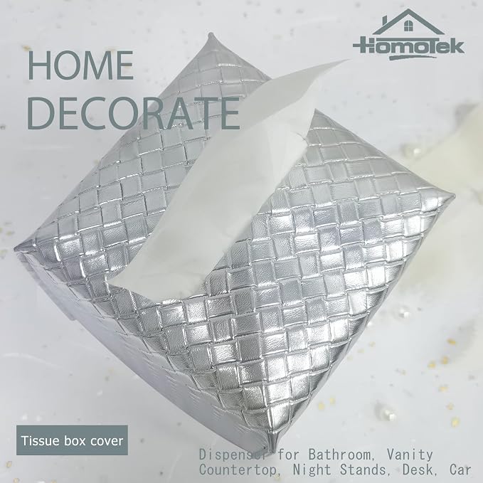 HOMOTEK 2 Pack Tissue Box Cover, Square PU Leather Tissue Holder, Decorative Facial Tissue Cube Paper Organizer Dispenser for Bathroom, Night Stands, Desk, Car 5X5X5'' - Woven Waffle, Silver - Image 3