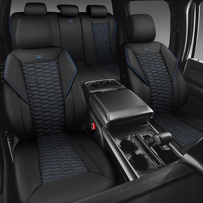 CAR PASS 3D Foam PU Leather Car Seat Covers Full Set,Luxury Breathable Faux Leather Seat Covers for Car,Anti Slip Universal Fit for SUVs Vans Sedan Truck Auto,Armrest Airbag Compatible,Black and Blue - Image 5