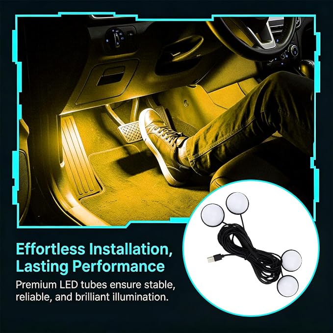 Car Interior LED Light, 4-in-1 USB Port Vehicle Under Dash Ambient Neon Lighting Decoration, Automotive Inside Foot Well Atmosphere Lamp, Universal Fit (Yellow) - Image 6