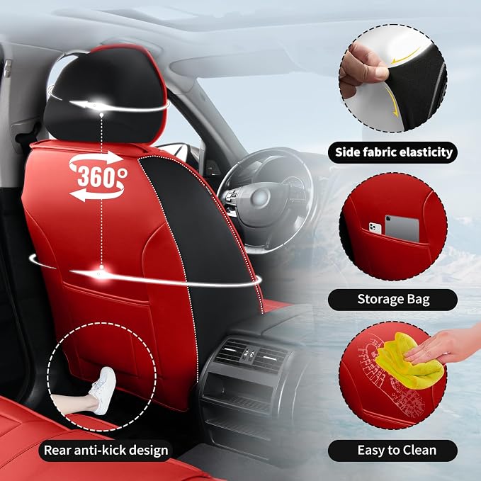 Fit Highlander Premium Leather Car Seat Covers for Toyota Highlander 2007-2025 2026 - Waterproof，Breathable，All-Weather Seat Cushion Protecto & Airbag Compatible, 2 Front Seat Red&Black - Image 4