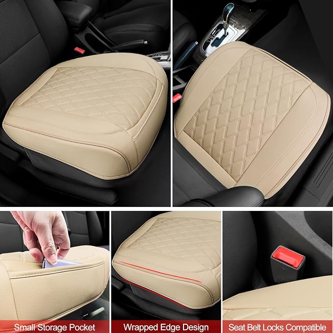 BEITK 1 Pack Leather Front Car Seat Bottom Cover Beige | PU leather,Waterproof, Full Wrap, Non-slip, Universal Fit for Sedan Truck SUV, Easy to Install - Image 4