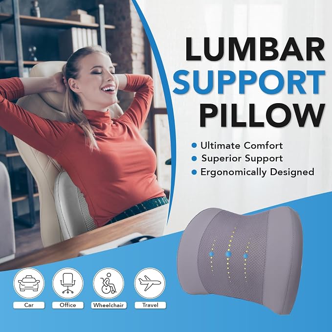 Lofty Aim Lumbar Support Pillow for Car, Car Seat Back Support for Driving | Memory Foam Car Lumbar Support for Driving Seat, Car Back Cushion, Adjustable Straps, Lower Back Pillow, Office Chairs, Gray - Image 2