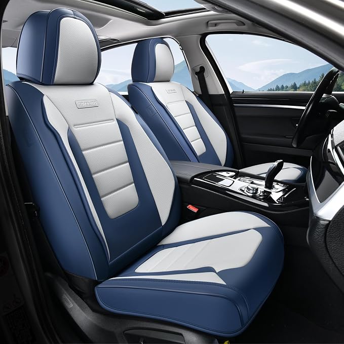 Coverado Car Seat Covers Front, Seat Covers for Cars, Waterproof 2-Pack Car Seat Cushions, Leather Carseat Seat Protectors, Universal Seat Covers Fit for Most Sedans SUV Pick-up Trucks(Blue&White) by COVERADOAUTO