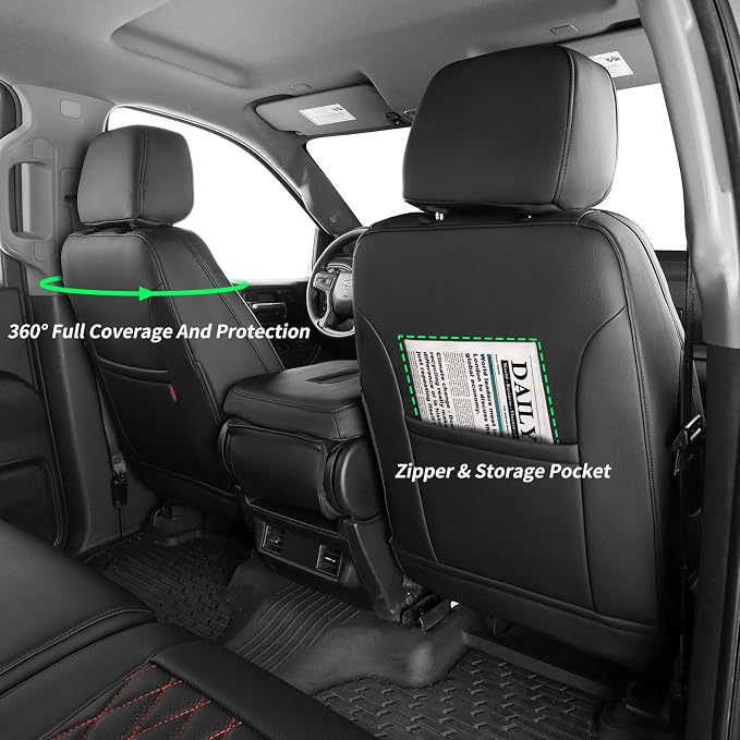 Silverado Seat Covers for 2014-2018 Chevy Silverado/GMC Sierra 1500/HD 2500/3500 CrewCab Pickup Seat Cover,Fully Covered,Waterproof Truck Leather Seat Protector(Full Set,Black/Red) - Image 5