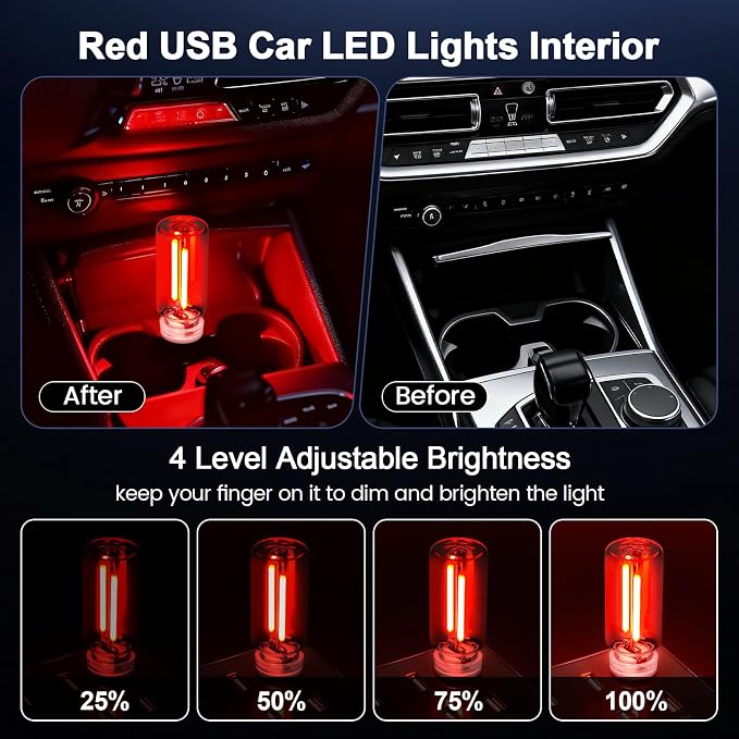2 PCS Red USB Car LED Lights Interior, Touch Control Adjustable Brightness Plug-in Retro Portable Glass Bottle Ambient Night Lights for Car, Computers, Party, Holiday Decoration, Bedroom - Image 3
