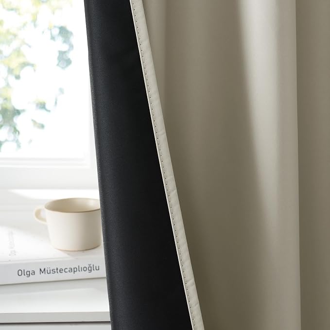 RYB HOME 100% Blackout Short Curtains for Small Window, Thermal Insulated | Total Room Darkening, Noise Reducing, Curtains for Kitchen Bathroom Basement, W42 x L45, Natural, 2 Panels - Image 4