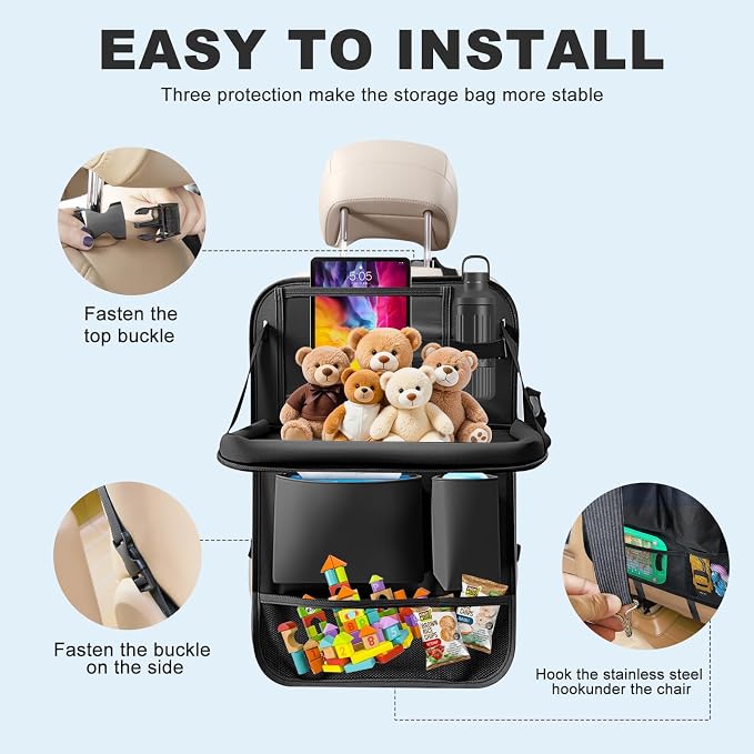 2Pack Car Backseat Organizer with Foldable Table Tray,6 Storage Pockets Car Storage Organizer with Tablet Holder,Car Seat Back Protectors Kick Mats Travel Accessories (Black) - Image 6