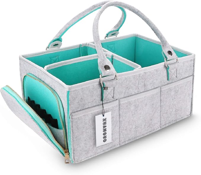XUANGUO Large Baby Diaper Caddy Organizer, Felt Basket with Handles, Green | Nursery storage bin with dividers; portable tote bag for baby stuff, changing table or car, baby shower and registry gifts. by XUANGUO
