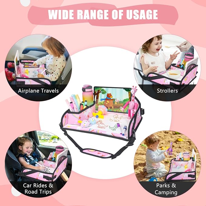 Kids Travel Tray for Car Airplane - Car Seat Tray for Kids Travel, Toddler Carseat Lap Table, Road Trip Essentials, Lap Desk for Kid Roadtrip Activities, Pink Unicorn - Image 2