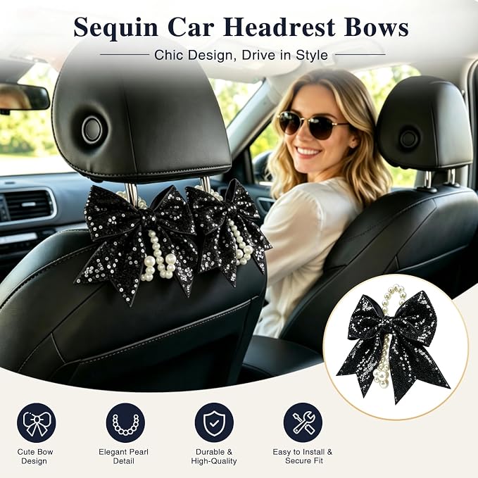 2 Pack Pearl Car Seat Headrest Hook with Bow & Sequin/Leopard/Polka Dot Design – Cute Purse Hanger for Vehicle,Grocery Bags, Umbrellas, Seat Back Organizer for Women (Black Sequins) - Image 2