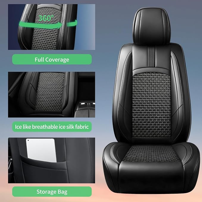 Fit Versa Car Seat Covers for Nissan Versa 2007-2024 2025 2026-Upgraded Premium Breathable Cooling Ice Silk Leather Seat Covers,All-Weather Breathable Seat Cushion Protector,Full Set,Black - Image 7
