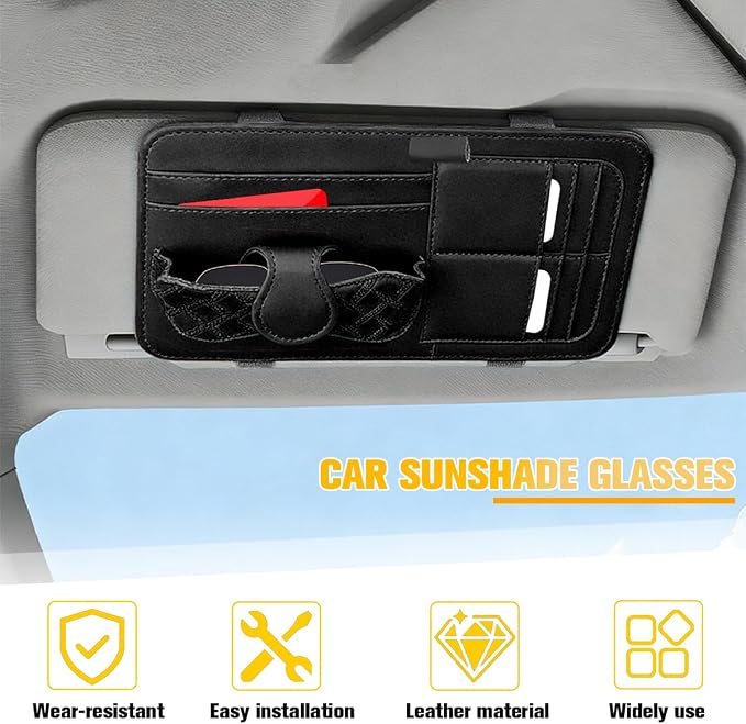 Car Sun Visor Organizer, Multifunctional Visor Storage Pouch with Sunglasses Holder & Card Sleeve Pocket, Auto Interior Organizer Pocket Bag for Pens Cards Documents, Universal Fit (Black) - Image 5
