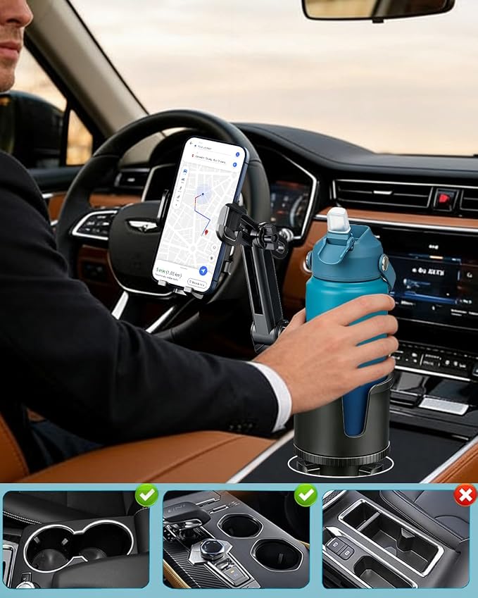 Cup Phone Holder for Car with Expandable Base, 2 in 1 Height-Adjustable Dual Cell Phone Holders Car Cupholder Mount, Friendly Fit Large Bottle & iPhone All Cellphone for Truck SUV | No Shake Design - Image 2