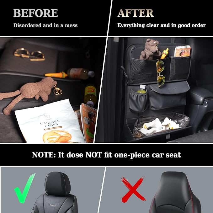 Coverado Backseat Car Organizer, Nappa Leather Car Seat Organizer with Touch Screen Tablet Holder, Foldable Food Tray, Kick Mats Protector, Multi Car Storage Accessories, Garbage Bag Holder-1 Pack - Image 7