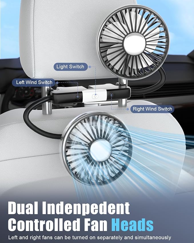 Hayousui USB Dual Head Car Fan for Backseat Kids,Separated Controlled | 3 Speeds,DC 5V/2A,LED Light,360°Rotatable,Dual Rearseat Fan for Honda/Civic/Ford/Toyota/Wranger/Sahara/Grand/Cherokee - Image 5