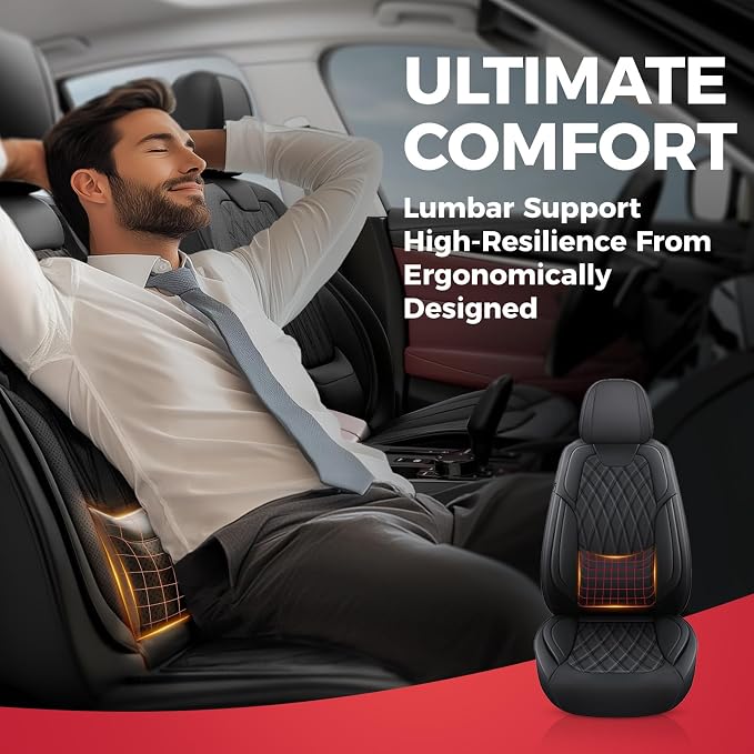 FREESOO Car Seat Covers Full Set Faux Leather Universal Fit Black | faux nappa leather seat covers, waterproof breathable, full set lumbar support, front rear covers, fit sedans suvs pickups - Image 6