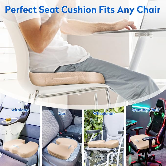 CushZone XXL Memory Foam Seat Cushion for Office & Car, Khaki | U-shaped Coccyx Cutout, Contoured Design, Breathable Removable Mesh Cover, Non-Slip Base, Carry Handle - Image 5