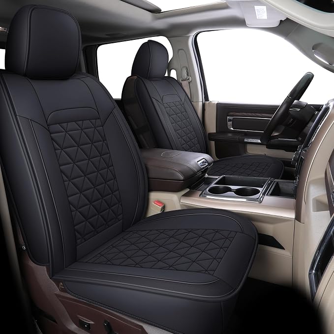 Coverado Ram Seat Covers Full Set, Waterproof Ram 1500 Seat Cover Compatible with 2002-2026 Dodge RAM 1500 2500 3500 Crew Quad Cab with Curved Bench, Black by COVERADOAUTO
