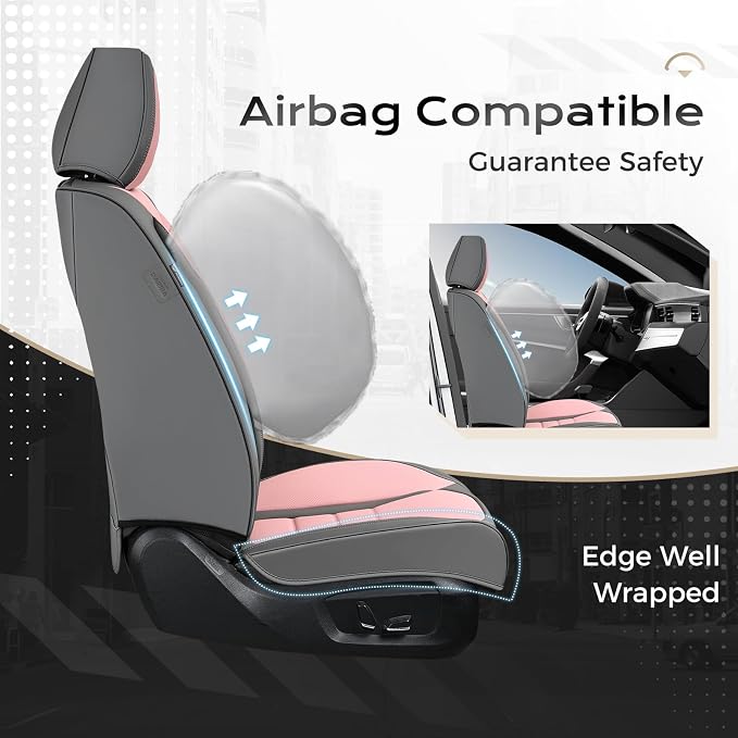Coverado Car Seat Covers Full Set, Nappa Leather Seat Covers for Cars, Car Seat Protector Car Seat Cushion, Front and Back Seat Protectors Cushions Universal Fit for Most Cars Vehicles(Gray&Pink) - Image 4