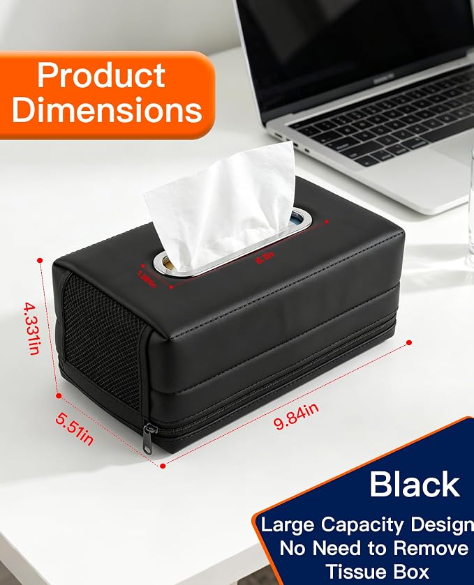 Large Car Tissue Holder PU Leather Organizer with 2 Mesh Pockets | Rectangle Tissue Box Cover for Headrest, Backseat & Armrest, Smooth-Pull Metal Opening Fits 120-160 Count Napkins - Image 4