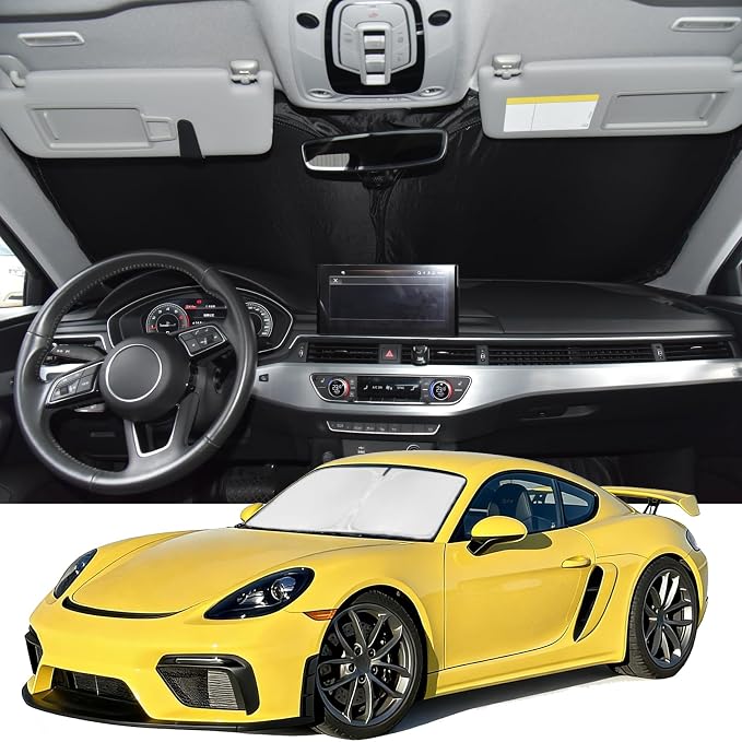 Windshield Sunshade for Porsche Boxster/Cayman 718 2017-2023 Sun Shade | Upgrade 4 Layers Blocks UV Rays Custom Fit Cayman 240T Car Window Shades Keep Cool Foldable Car Windshield Accessories by ZOIBVCARSUNSHADE