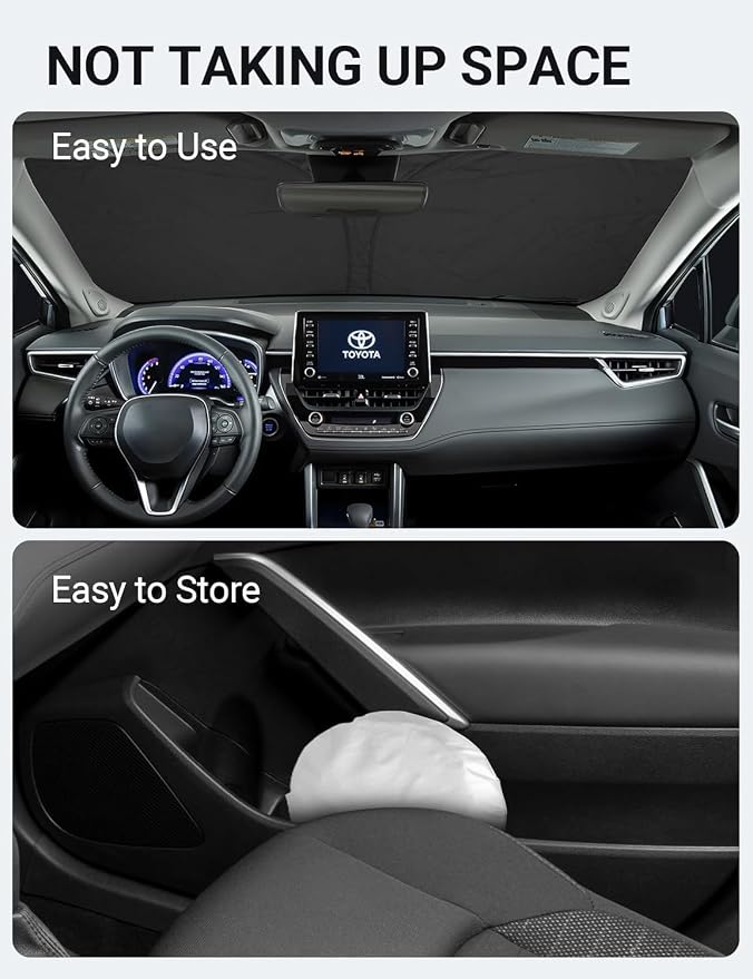 Proadsy Custom Fit 2022-2026 Toyota Corolla Cross Car Windshield Sun Shade | 240T Heat Shield, Drops Temp 54°F, Blocks 99% UV, Prevents Dashboard Cracking, Summer Parking & Beach Trips, Easy Twist-Fold - Image 9