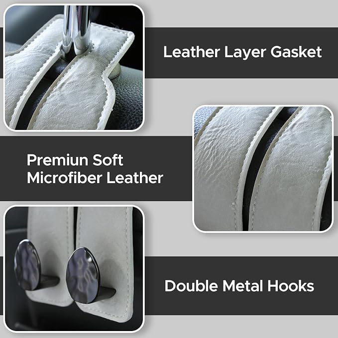 Leather Car Purse Hook for Headrest, 2 Pack (Grey-Black) | Twin Hooks Headrest Hangers, 2/4 Pack, No-Slip, Scratch-Proof, Holds Purses, Backpacks, Grocery Bags, Car Organizer Gift - Image 6