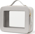 Clear Makeup Bag Toiletry Case Travel Transparent Cosmetic Bag with Zipper, Portable Make Up Organizer Traveling Compact Car Bag for Essentials, Beige Grey by POPVIBE