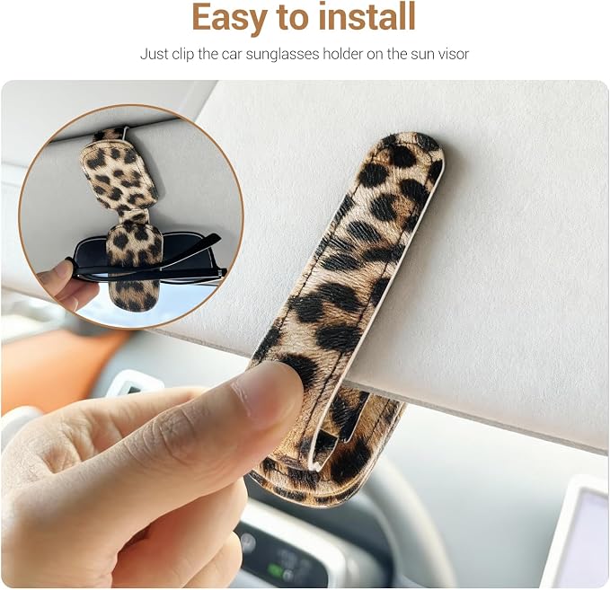 Sunglass Holder for Car, Universal Magnetic Car Sun Visor Eyeglass Holder, Leather Glasses Clip for Car, Ticket Card Clip (1, Leopard) - Image 4