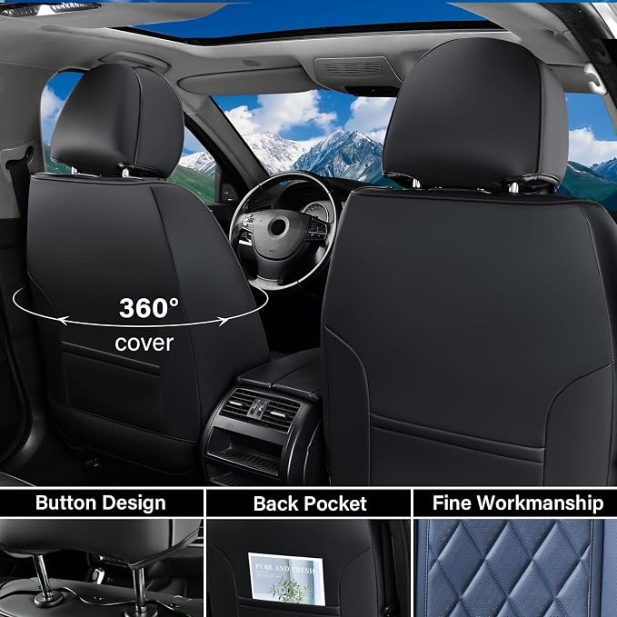Coverado Seat Covers, Car Seat Cover Front Seats, Luxury Faux Leather Seat Cover, Black and Blue Seat Cover, Car Seats Protectors Waterproof, Automotive Seat Covers Universal Fit for Most Cars - Image 2