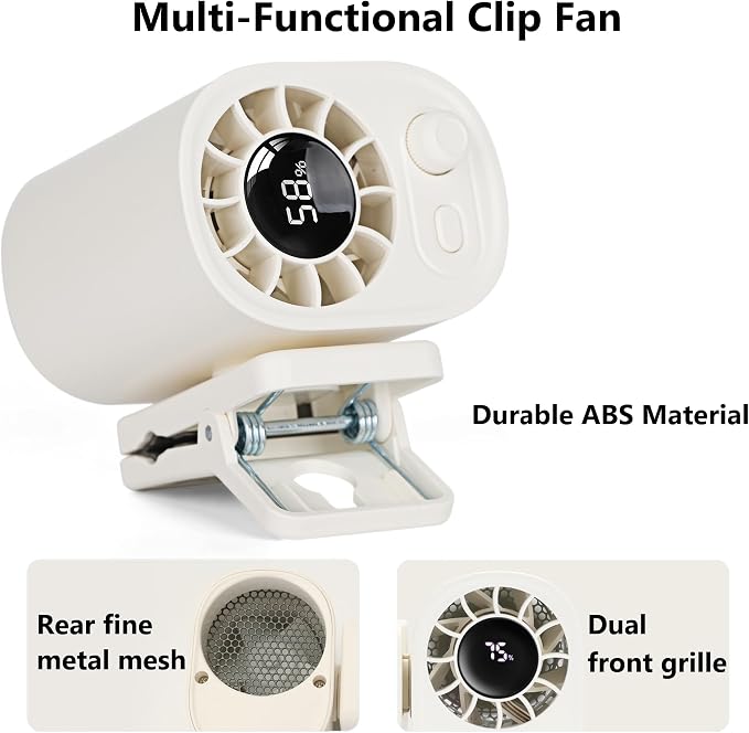 EVADA Car Clip On Fan with LED Display, 360° Rotating, 100 Speed Adjustable, Portable USB Rechargeable 1800mAh Battery Personal Cooling Mini Fan Handheld for Summer, Office, Outdoor, Travel - White - Image 7