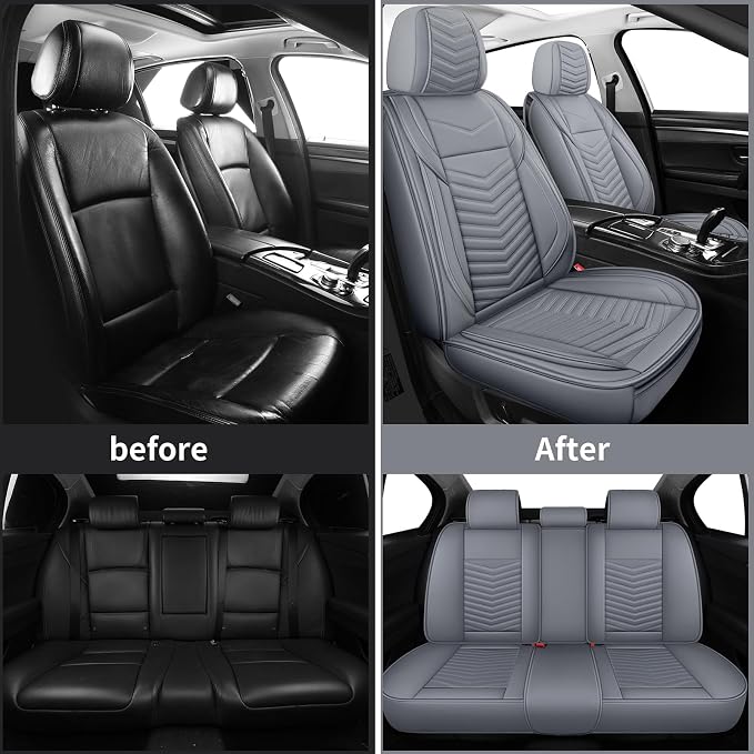 HChengkikz Nappa Leather Car Seat Covers Full Set, Gray Car seat Protector 5 Seats, Waterproof Car Seat Cushion, Universal Automotive Seat Covers Fit for SUV Truck Pick-up Sedan, Front and Rear | Easy Maintenance, Airbag Compatible, Universal Fit For M... - Image 9