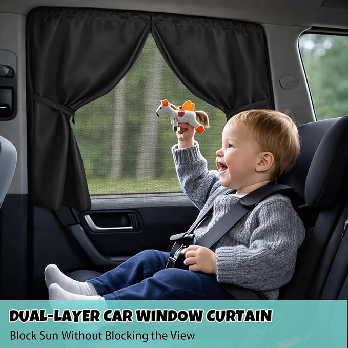 Car Window Shades, 2 Pack Magnetic Double Layer Window Shade for Baby in Car, Adjustable Privacy Blackout/See-Through Back Window Curtains for Baby Kids UV Protection - Image 3