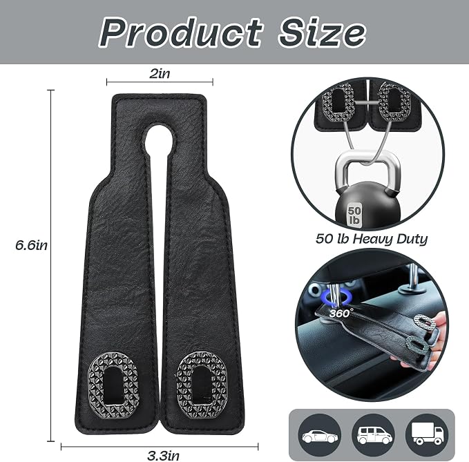 Car Headrest Hooks Universal Car Purse Hook Premium Leather and Alloy Twin Hook Car Seat Back Storage Hanger Hook for Purse Bags Cloth Drink Durable Holder Car Accessories (BH09-Black-Black-4 Pcs) - Image 6
