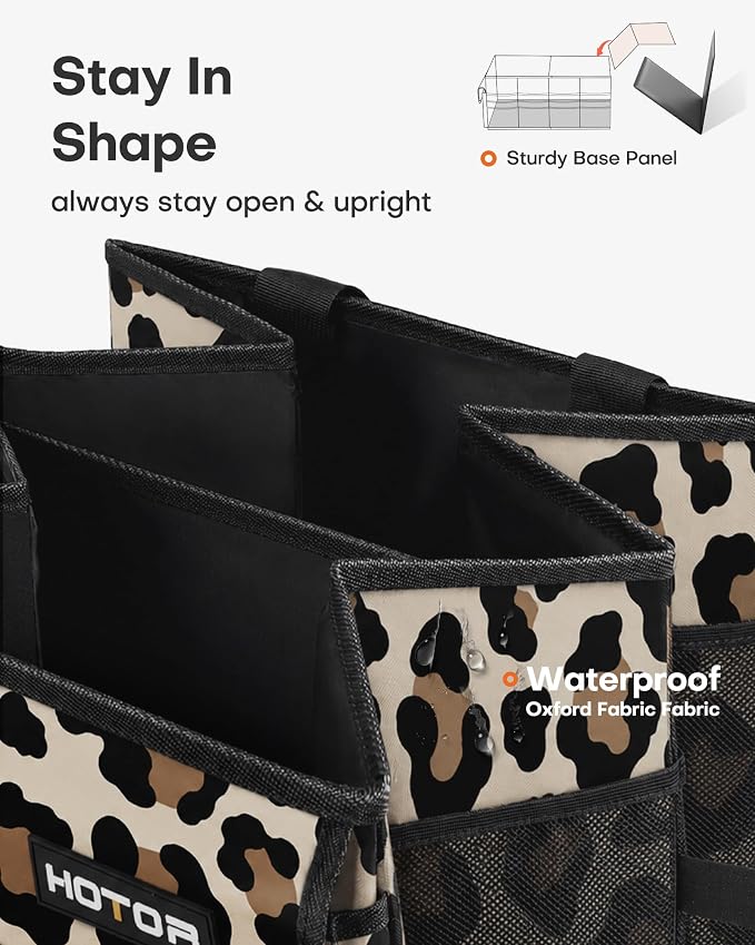 HOTOR Trunk Organizer - Foldable Car Organizer for SUVs & Sedans Storage | Sturdy Car Organization for Men & Women, Car Accessories, Tools, Sundries, Leopard, 2 Compartments, 21.3" x 12.6" x 10.6" - Image 4