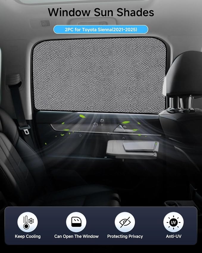 Car Window Shade for Toyota Sienna 2021-2025,2 Pack UV & Glare Protection, Breathable Privacy Screen, Insect & Bug Blocker Magnetic Mesh Side Rear Sun Shades for Baby Camping, Napping & Travel - Image 2