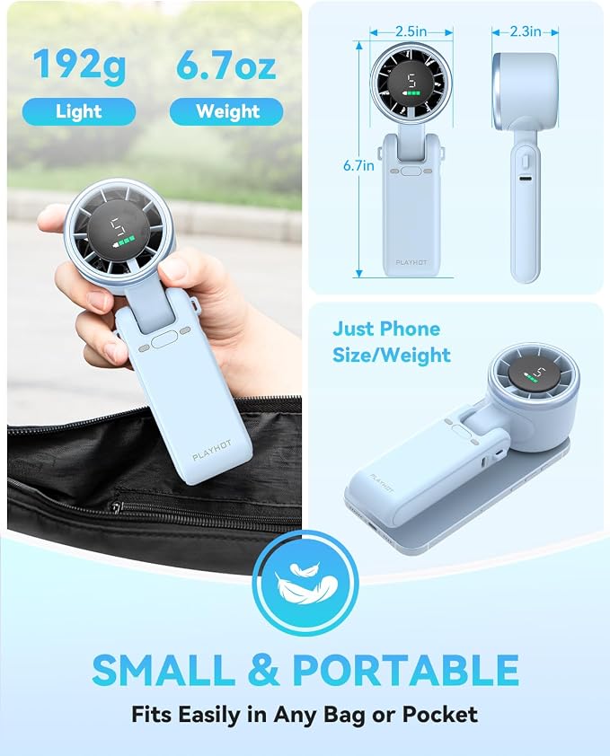 PlayHot Portable Handheld Turbo Fan, Travel Essentials, Gifts for Women/Men | 5-Speed, Up to 12H, 10m/s Airflow, USB-C Rechargeable, LED Display, 3-in-1 Foldable Personal Fan for Cruise, Beach, Vacation - Image 6