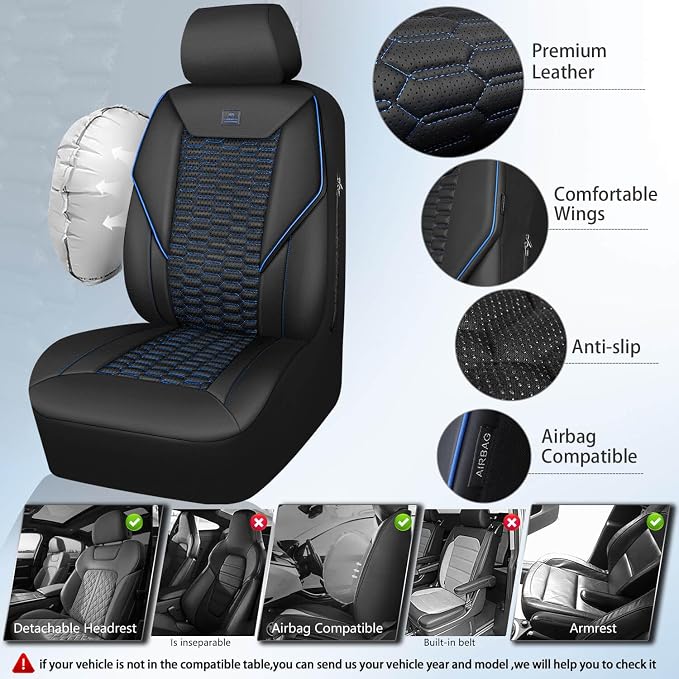 CAR PASS 3D Foam PU Leather Car Seat Covers Full Set,Luxury Breathable Faux Leather Seat Covers for Car,Anti Slip Universal Fit for SUVs Vans Sedan Truck Auto,Armrest Airbag Compatible,Black and Blue - Image 3