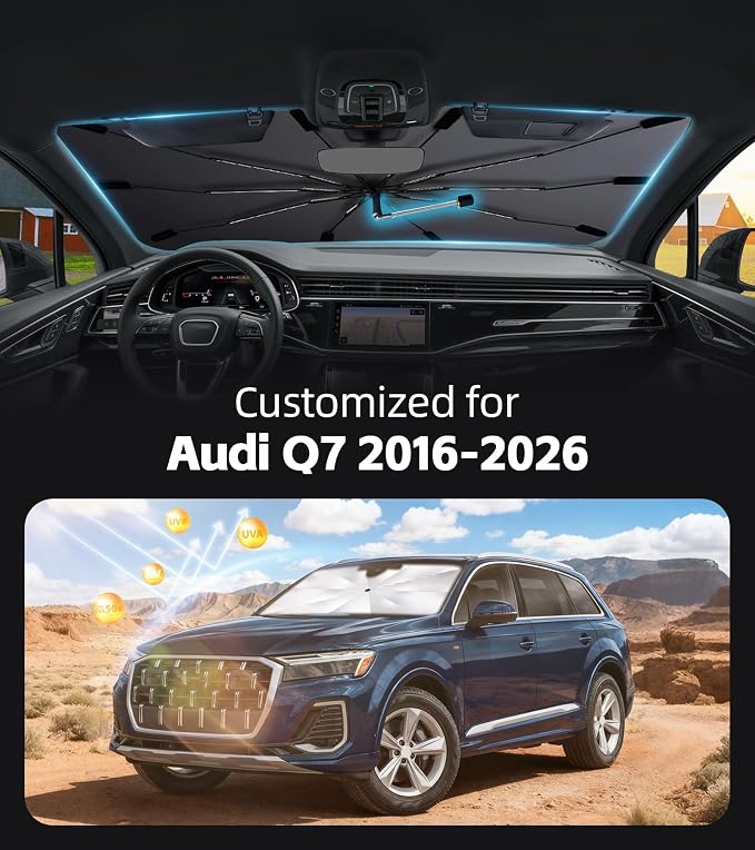 Windshield Sun Shade for Audi Q7 2016-2026 with 360° Rotating Shaft | Custom Fit Umbrella Sunshade for UV Blocking, Interior Heat Protection, Easy Storage, UPF 50+ Cool Windshield Cover - Image 2