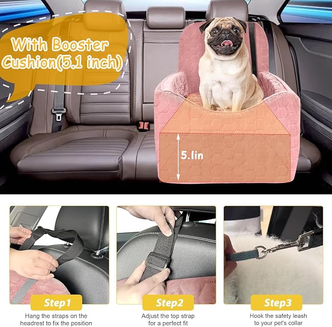 Dog Car Seat for Small/Medium Dogs, Memory Foam Dog Booster Seat, Travel Safety Per Car Seat with Washable Removable Cover, Storage Pockets for Dogs up to 35 lbs (Pink, Small) - Image 4