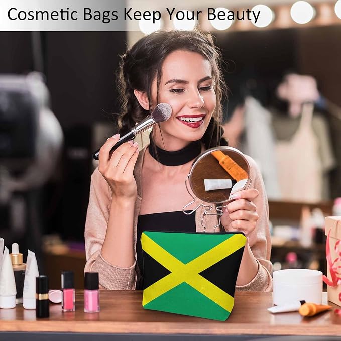 Women Cosmetic Bag Jamaica Flag, National Jamaica Flag Cute Makeup Bag For Purse Cosmetic Travel Bag For Toiletries Makeup Storage Bag Flax Skincare Bag Makeup Pouch Bags Green - Image 2