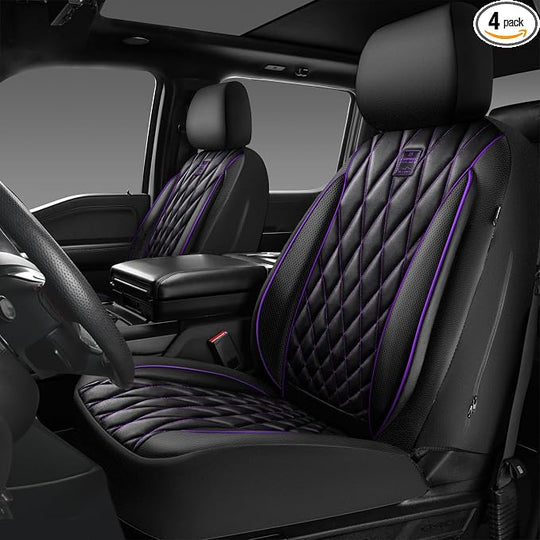CAR PASS Piping Luxury Faux Leather Two Front Car Seat Covers, Waterproof Anti Slip Premium Automotive Seat Covers,Universal Fit for Suvs,Vans,Trucks, Armrest Airbag Compatible (Black and Purple) by CARPASS