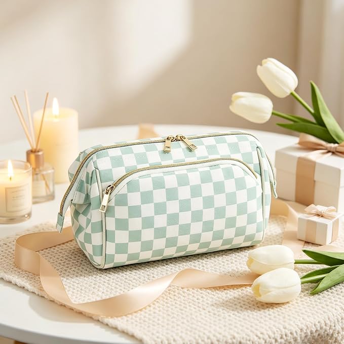 Fammart Travel Makeup Bag for Women, Waterproof Checkered Cosmetic Cosmetic Bag Make Up Organizer Case, Large Wide-open Toiletry Bag for Skincare, Brushes, Bathroom & Travel Essentials - Image 8