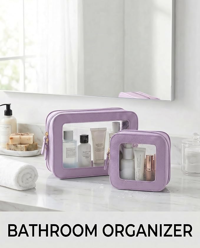 Makeup Bag Set Cosmetic Pouch for Women Waterproof PU Leather,Travel Toiletry Bag Cute Makeup Organizer Purse Pouch Preppy Pencil Case with Zipper (2Pack-Standard&Square, Purple) - Image 2