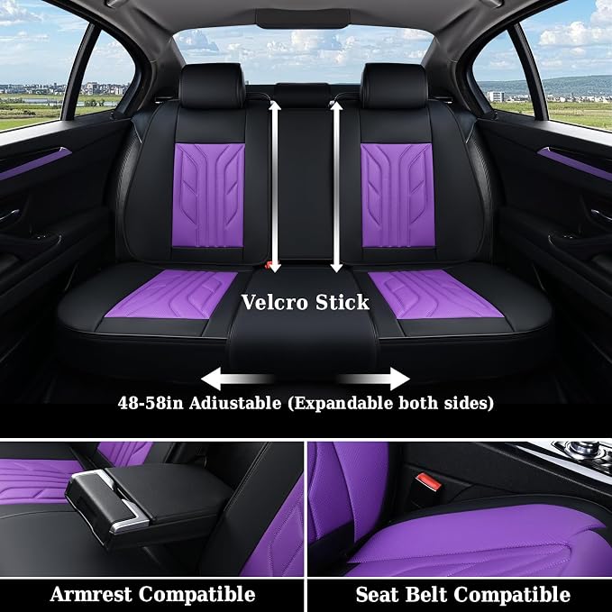 Coverado Car Seat Covers Full Set, Car Seat Protectors Leather Seat Covers for Cars, Automotive Seat Covers Car Accessories Universal Fit for Most Sedans SUV Pick-up Truck(Black&Purple) - Image 6