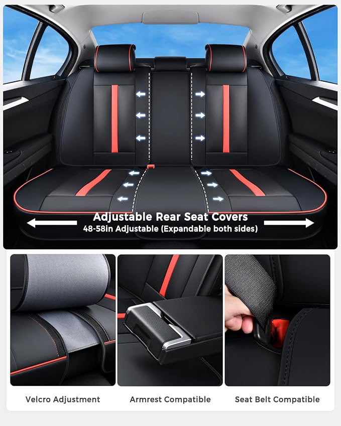 Huidasource Rear seat Cover Luxury Nappa Leather, Back seat Cover with Velcro Adjustable, Ventilation Holes, Seat Belts, Child Seats, Car Cover Seat Universal Fit for Most Cars SUV Trucks, Black＆Red - Image 2