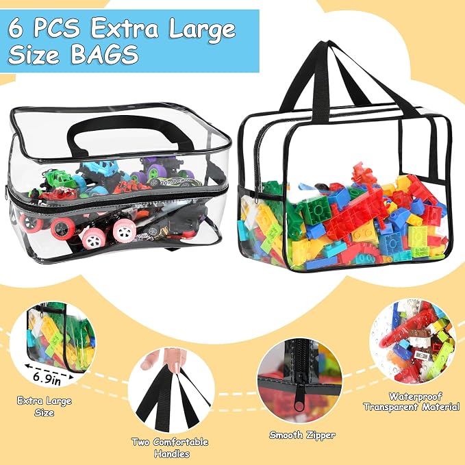 6 Pcs XL Toy Storage Bags Widen Waterproof Clear Toy Organizer with Labels | 12.6×9.25×6.9In Reusable PVC Transparent Organizer Bags with Zipper for Building Blocks, Puzzle, Board Games Travel Storage - Image 3