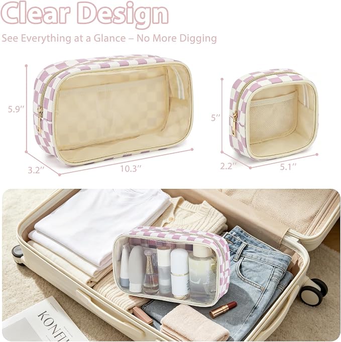 Fammart Clear Travel Makeup Bag for Women, TSA Approved Checkered Cosmetic Bag Make Up Car Organizer Case with Zipper, Large Waterproof Pouch Purse Toiletry Bag for Skincare, Brushes Travel Essentials - Image 3